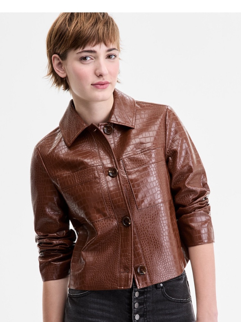 CoffeeShop Brown Croc-Embossed Faux Leather Jacket
